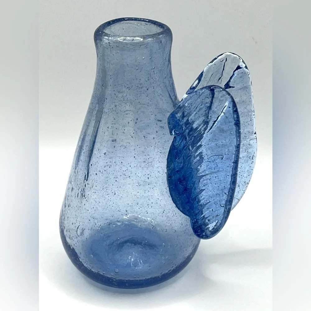Handblown Small Blue Art Glass Bud Angel Wings Flower Vase 4.5 in Height